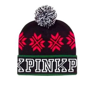Victoria's Secret Pink Logo ~ Pom Pom Beanie ~ Knit Hat ~ Black ~ Fair Isle